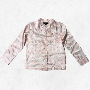 I.N.C. Girls Satin Pajama Top Sz 14 Pink White Long‎ Sleeve Front Buttons Pocket